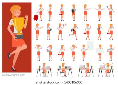 Set of business Woman character vector design. Presentation in various action with emotions, running, standing and walking. no2