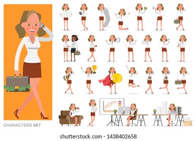Set of business Woman character vector design. Presentation in various action with emotions, running, standing and walking. no3