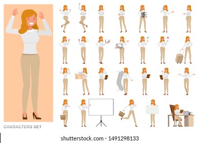 Set of business Woman character vector design. Girl wear white shirt and working in office. Presentation in various action with emotions, running, standing and walking.