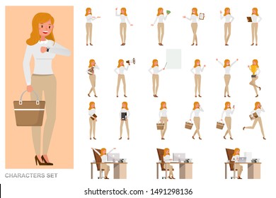 Set of business Woman character vector design. Girl wear white shirt and working in office. Presentation in various action with emotions, running, standing and walking.