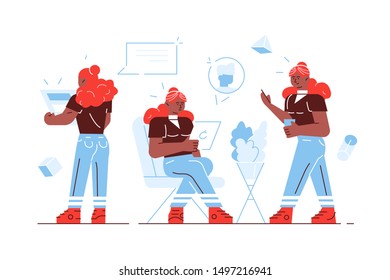 Set of business Woman character vector design. Presentation in various action with emotions, running, standing and walking. Business woman in casual clothes. character with different poses.Flat vector