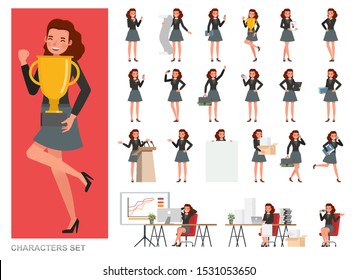 Set of business Woman character vector design. Girl working in office. Presentation in various action with emotions, running, standing and walking.