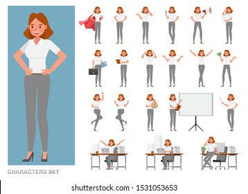 Set of business Woman character vector design. Girl working in office. Presentation in various action with emotions, running, standing and walking.