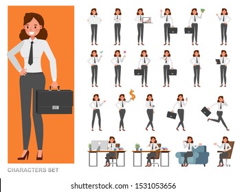 Set of business Woman character vector design. Girl working in office. Presentation in various action with emotions, running, standing and walking.