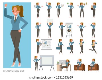 Conjunto de negocios Diseño vectorial de carácter mujer. Chica trabajando en el cargo. Presentación en diversas acciones con emociones, correr, pararse y caminar.