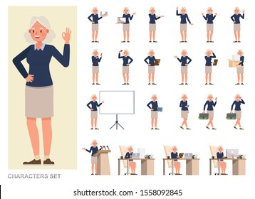 Set of business Woman character vector design. Girl working in office. Presentation in various action with emotions, running, standing and walking.