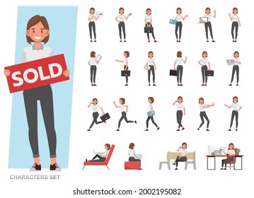 Set of business woman character vector design. Presentation in various action with emotions, running, standing and walking. People working in office planning, thinking and economic analysis.