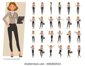 Set of business woman character vector design. Presentation in various action with emotions, running, standing and walking. People working in office planning, thinking and economic analysis.