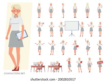 Set of business woman character vector design. Presentation in various action with emotions, running, standing and walking. People working in office planning, thinking and economic analysis.