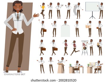 Set of business woman character vector design. Presentation in various action with emotions, running, standing and walking. People working in office planning, thinking and economic analysis.