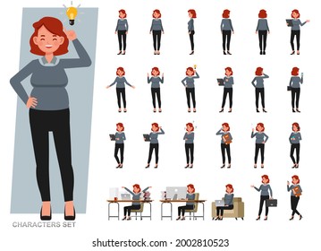 Set of business woman character vector design. Presentation in various action with emotions, running, standing and walking. People working in office planning, thinking and economic analysis.