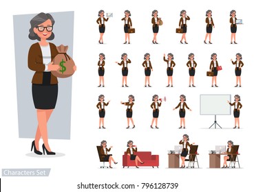 Set of Business woman character vector design doing different gestures. Presentation in various action with emotions, running, standing, walking and working. 