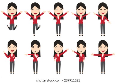 Set of business woman characters with dark long hair ,red suit and grey trousers  in different interactive poses. vector flat character style.