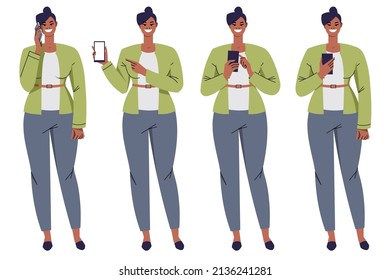 Set of business woman characters in different poses with phone. Dark-skinned woman in a suit. Office worker, leader uses the phone. Flat vector isolated on white background.