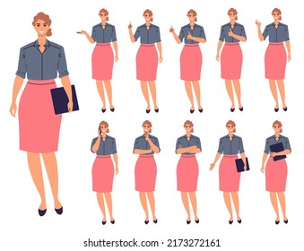 A set of business woman characters in different poses and gestures. Young woman in skirt, office worker, leader, manager isolated on white background. Telephone conversation, presentation. Flat vector