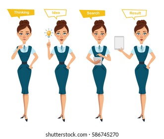 Set of business woman characters poses. Woman thinks. Woman has idea, searches something on tablet and shows result on tablet. Illustration shows search process