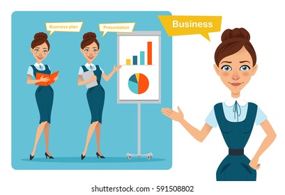 Set of business woman characters poses. Girl with folder. Girl shows presentation and girl points to side.