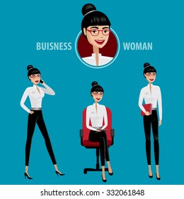 Set of business woman contains several poses and icon