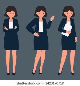 Set of business woman in different poses. Flat vector illustration.