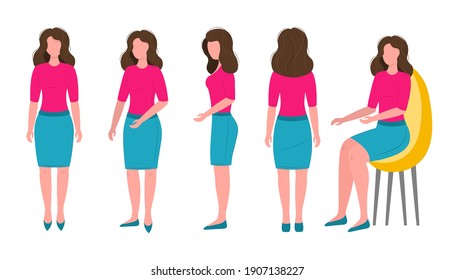 set of business woman in different poses. View from front, side, back and sitting on a chair. vector illustration isolated on white background. 