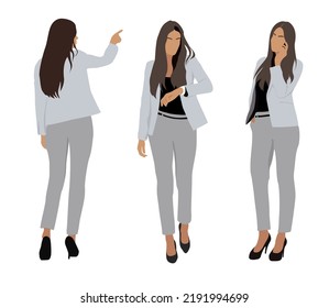 Set of business woman in different poses, front, side, back view. Attractive girl wearing gray formal suit walking, standing, talking. Vector illustration realistic isolated on white background.