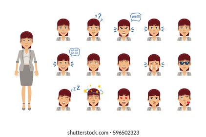 Set of business woman emoticons. Woman emojis showing different facial expressions. Happy, sad, smile, laugh, surprised, serious, sleep, dazed, angry and other emotions. Simple vector illustration