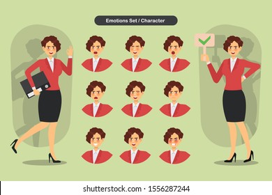 Set of business woman facial different expressions. woman emoji character. Vector illustration.