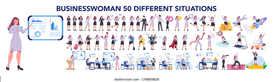 Set of business woman or office worker character with various poses, face emotions and gestures. Talking on the phone, sitting and making presentation. Isolated flat vector illustration