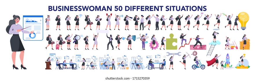 Set of business woman or office worker character with various poses, face emotions and gestures. Talking on the phone, sitting and making presentation. Isolated flat vector illustration