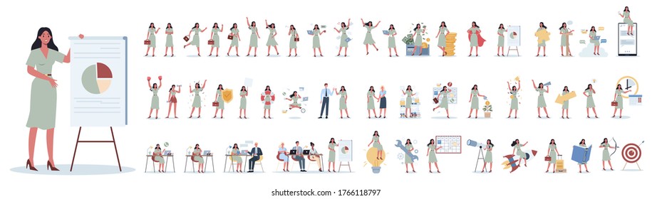 Set of business woman or office worker character with various poses, face emotions and gestures. Talking on the phone, sitting and making presentation. Isolated flat vector illustration