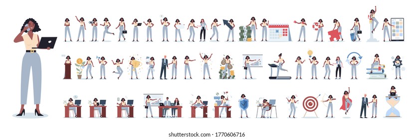 Set of business woman or office worker character with various poses, face emotions and gestures. Talking on the phone, sitting and making presentation. Isolated flat vector illustration