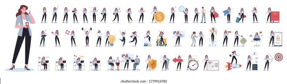 Set of business woman or office worker character with various poses, face emotions and gestures. Talking on the phone, sitting and making presentation. Isolated flat vector illustration - Shutterstock ID 1779914783