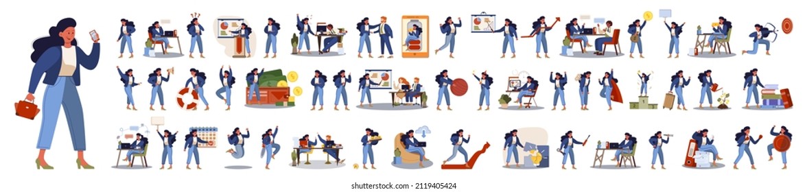 Set of business woman or office worker character with various poses, face emotions and gestures. Talking on the phone, sitting and making presentation. Isolated flat vector illustration