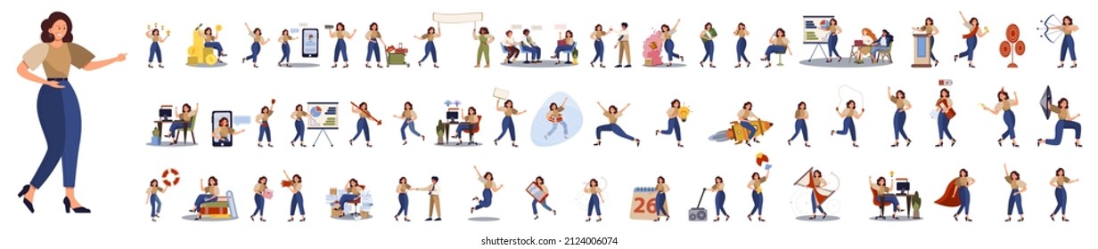 Set of business woman or office worker character with various poses, face emotions and gestures. Talking on the phone, sitting and making presentation. Isolated flat vector illustration