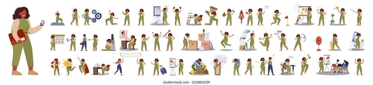 Set of business woman or office worker character with various poses, face emotions and gestures. Talking on the phone, sitting and making presentation. Isolated flat vector illustration