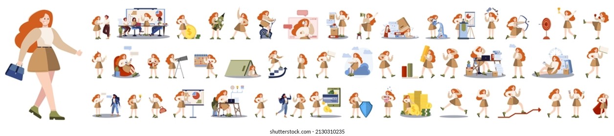 Set of business woman or office worker character with various poses, face emotions and gestures. Talking on the phone, sitting and making presentation. Isolated flat vector illustration