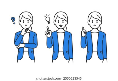 Set of Business Woman in Questioning Pose and Inspiration Pose and Good【vector／illustration／person】