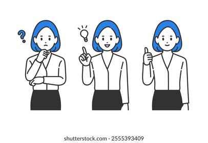 Set of Business Woman in Questioning Pose and Inspiration Pose and Good【vector／illustration／person】