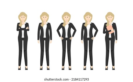 Set of Business woman standing design, Vector flat style illustration isolated on white.