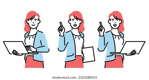 Set of business woman standing with laptop in three different poses.