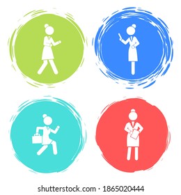 Set of business woman white silhouettes icons in round frames of different colors. Women in action. Lady dressed formally full length. Businesswoman activities at work. Positions and actions of person