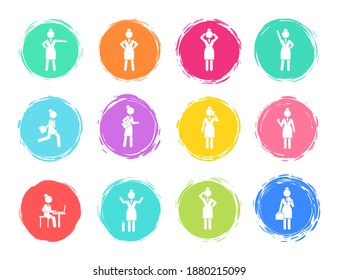 Set of business woman white silhouettes icons in round frames of different colors. Women in action. Lady dressed formally full length. Businesswoman activities at work. Positions and actions of person
