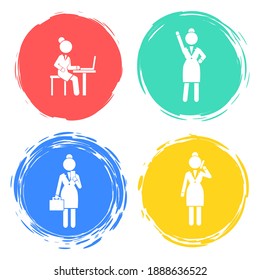 Set of business woman white silhouettes icons in round frames of different colors. Women in action. Lady dressed formally full length. Businesswoman activities at work. Positions and actions of person