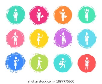 Set of business woman white silhouettes icons in round frames of different colors. Women in action. Lady dressed formally full length. Businesswoman activities at work. Positions and actions of a