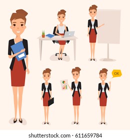 set of business woman working with job. people character at office work. illustration vector flat design.