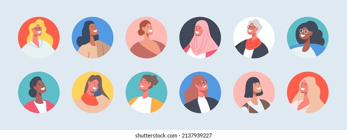 Set of Business Women Avatars, Isolated Round Icons. Happy Smiling Old and Young Female Characters, Different Nationalities Girl Portraits for Social Media Accounts. Cartoon People Vector Illustration