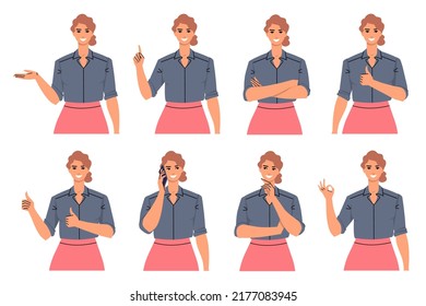 Set of business women in different poses and with different gestures. Young woman talking on the phone, presenting, thinking, thumb up, gesturing approx. Office worker, leader isolated. Flat vector.