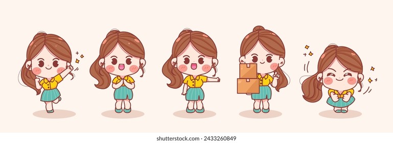 Set of Business women in different poses hand drawn cartoon illustration