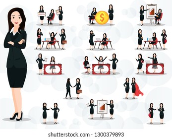 Set of business women in different working poses and gestures on white background.