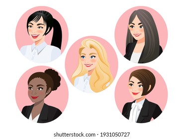 Set of business women faces in profile for pose 3-4 view character, Diversity. Avatars. Vector flat Illustration